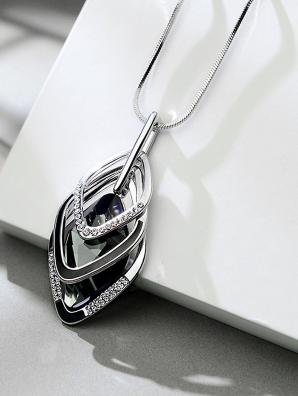Black Crystal Accent Pendant Necklace in Silver Tone - Picture 9 of 9